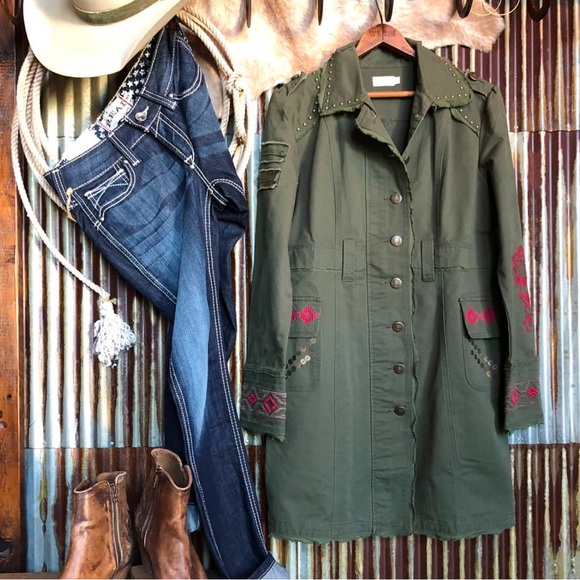 Tasha Polizzi Jackets & Blazers - Tasha Polizzi Hamilton Embroidered Stud Embellished Green Cotton Duster Jacket S